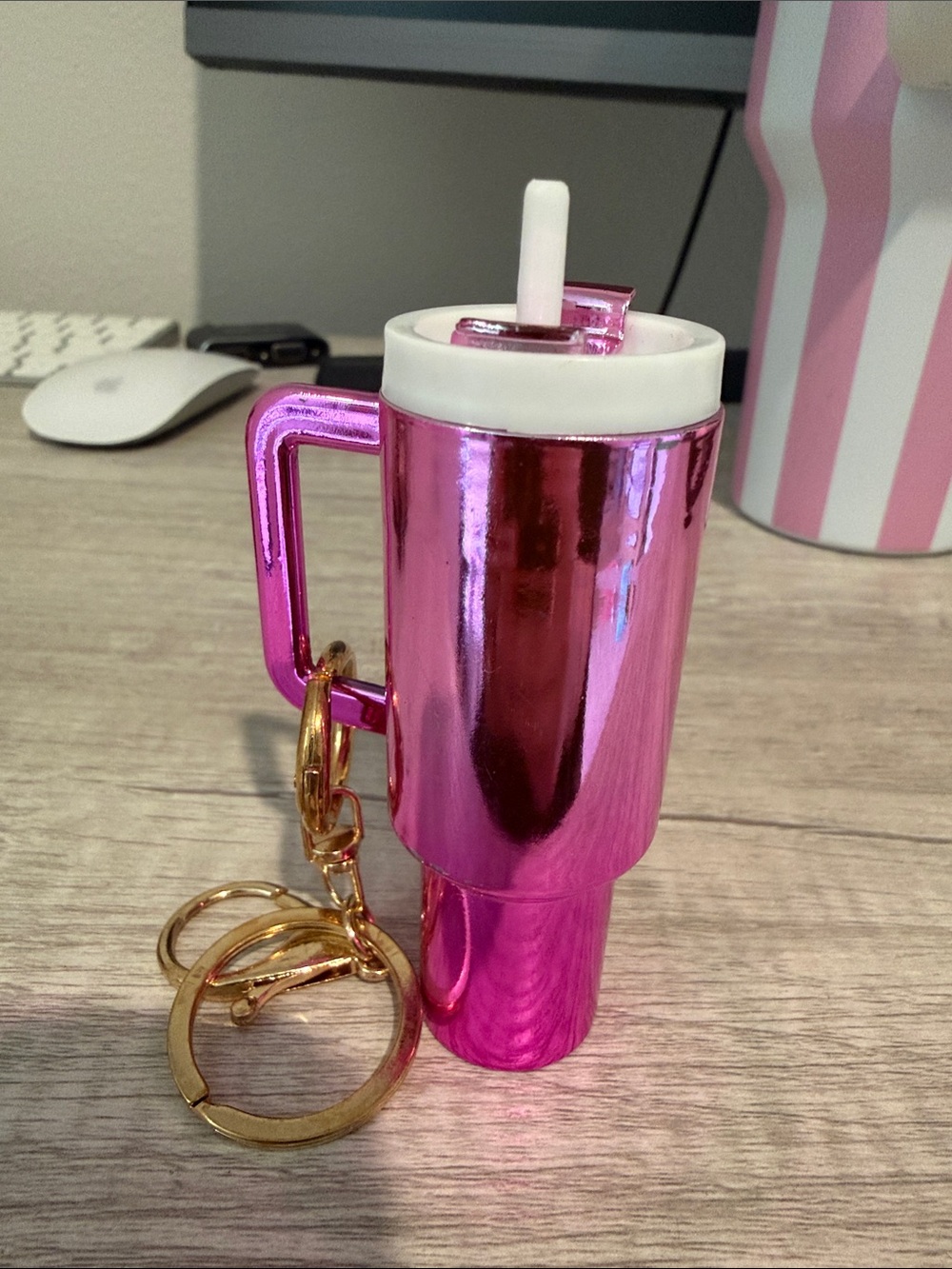 Pink Metallic Tumbler Keychain with White Lid